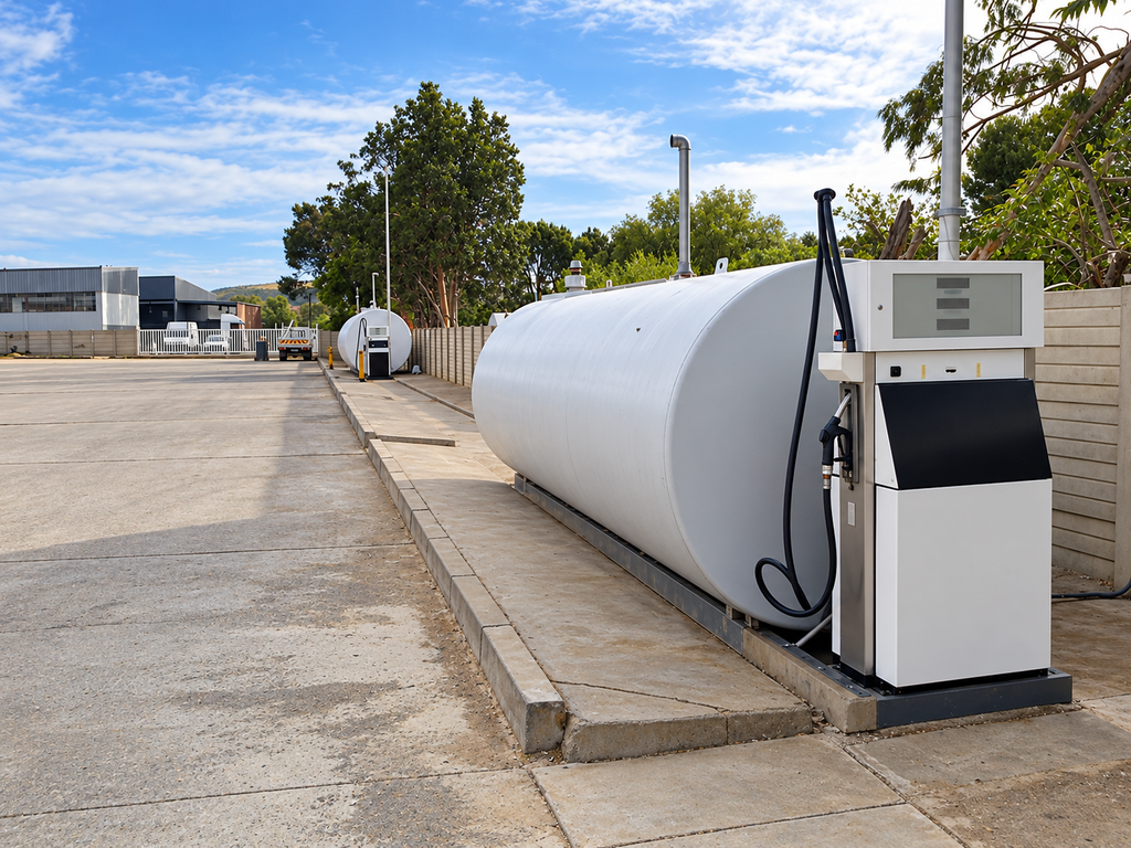 Industrial diesel fuel pump and bulk storage tank at a commercial fuel management facility in South Africa.