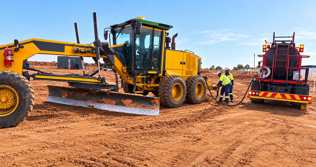 Motor grader being refuelled from a diesel bowser on site, a controlled dispensing point